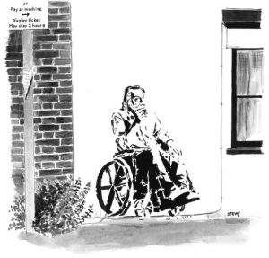 Stewy street-stencil of Robert Wyatt in his wheelchair